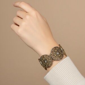 Amrita Singh Brass Tone Filigree Cuff Stretch Bracelet with Gold Crystal Center